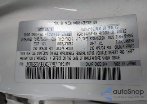 2014 Mazda Cx-9 Grand Touring из США, поврежденный, VIN JM3TB2DV3E0437787